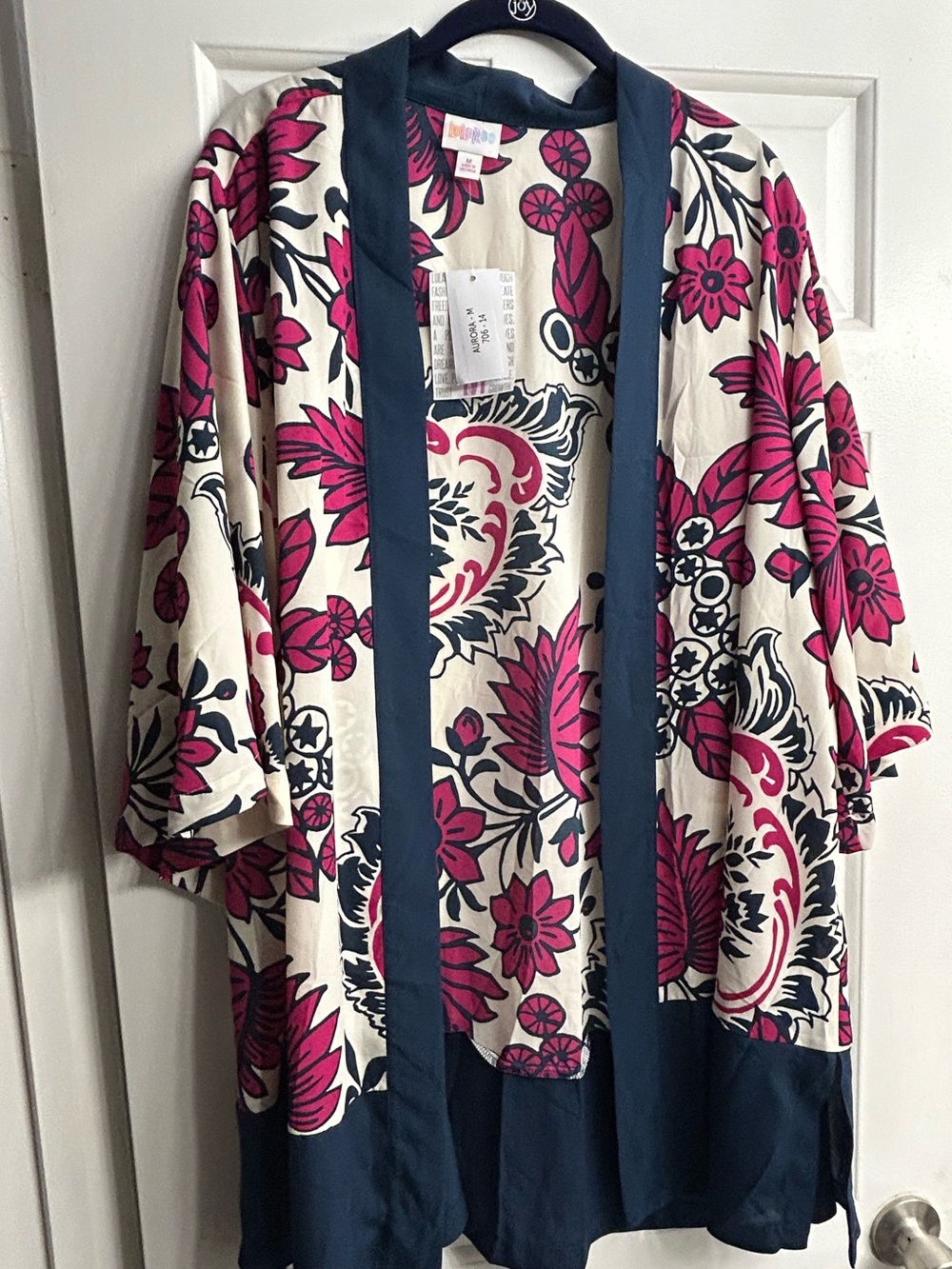 Lularoe Aurora Kimono Size M Fuchsia with Navy Trim NWT